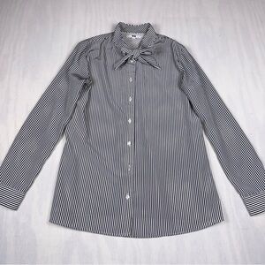 Uniqlo Black and White Striped Mock Neck Button Down Bow Tie Blouse Size: Small